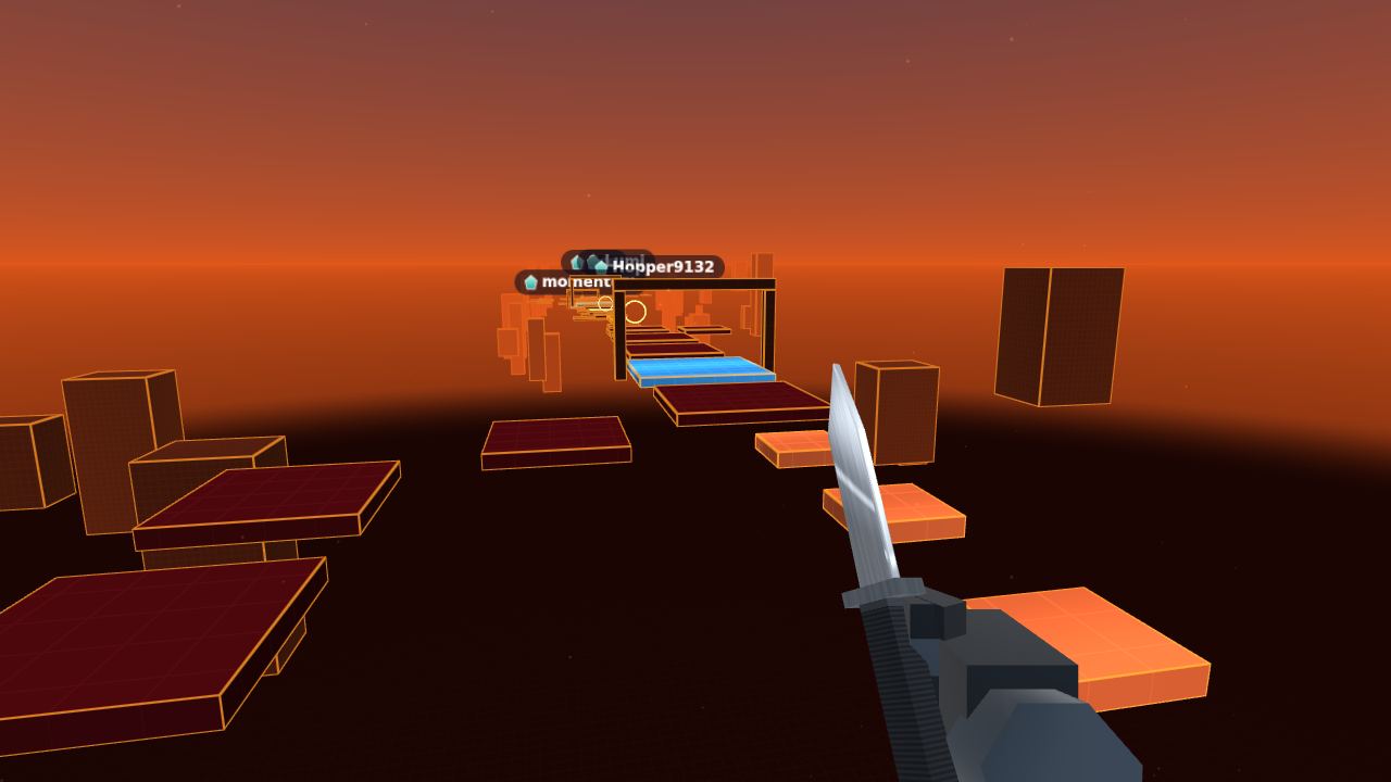 A Wind Canyon track in Daily Bhop: orange rock platforms under a sunset sky